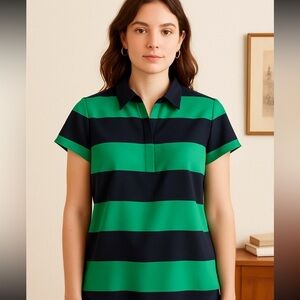 Loft Navy Blue and Kelly Green Striped Popover Blouse